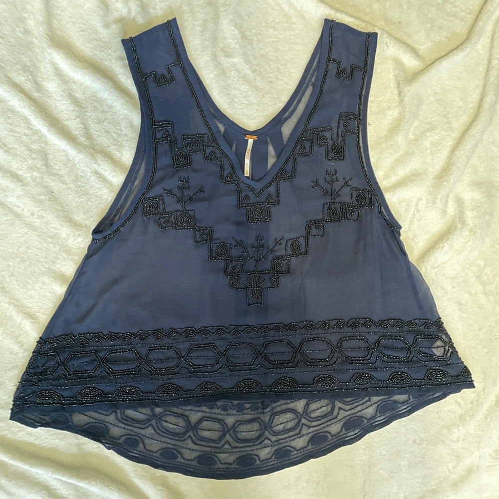 Free People navy trapeze style embellished beaded tank top